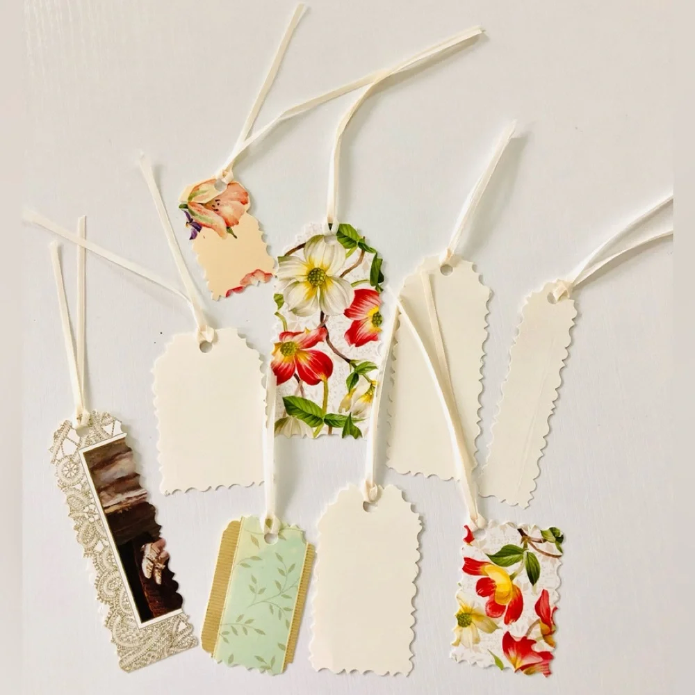 Decorative Gift Tags Set of 16 Heavy card stock satin ribbon ties floral & dot